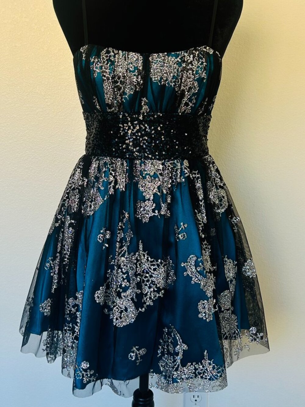 Vintage Y2K Steppin' Out Teal Black Sequin Glitter Mini Dress 7/8 (S/M)